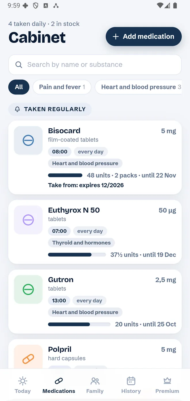 Cabinet screen: medications with dose times, categories and a stock bar; under Bisocard, “Take from: expires 12/2026”