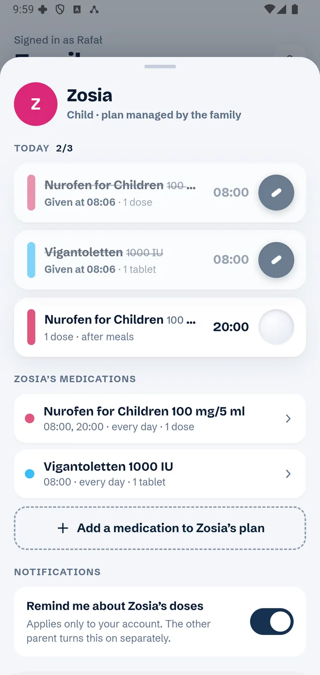 Child profile: today’s doses 2/3, the child’s medications and the “Remind me about Zosia’s doses” switch