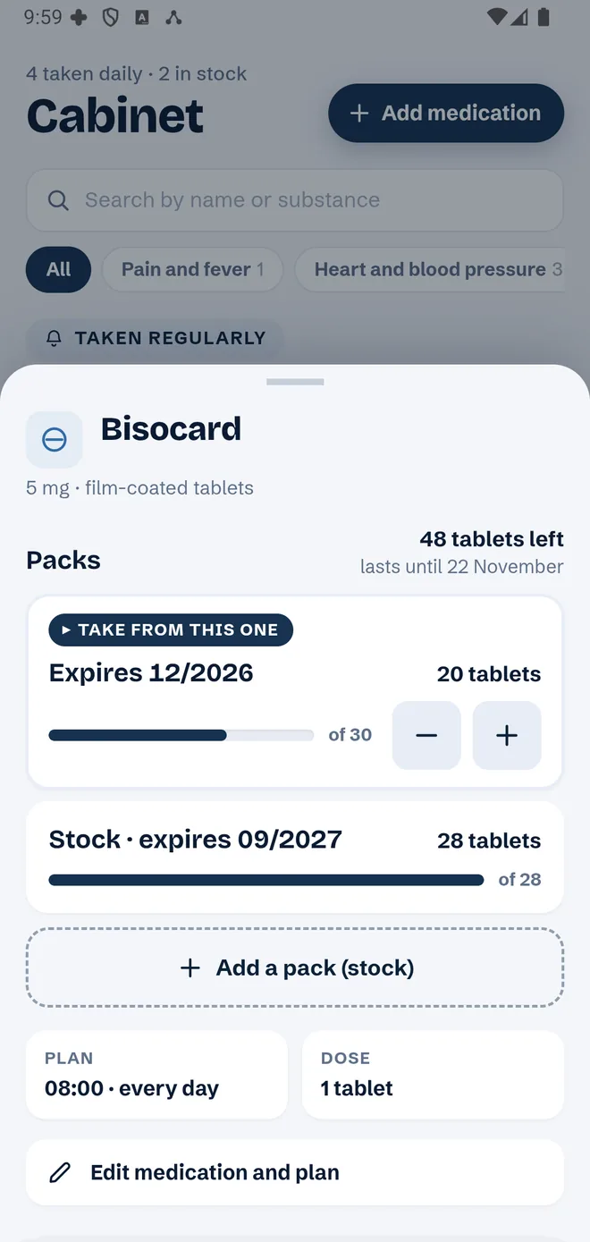 Packs of one medication: a box marked “Take from this one” that expires 12/2026, another that expires 09/2027, and stock that lasts until 22 November