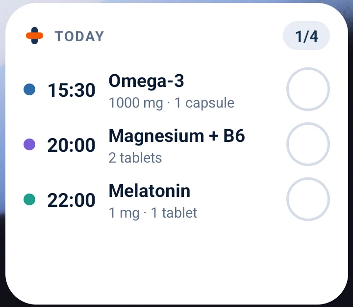 APPteczka widget in light appearance: today’s doses with their times and the counter 1/4