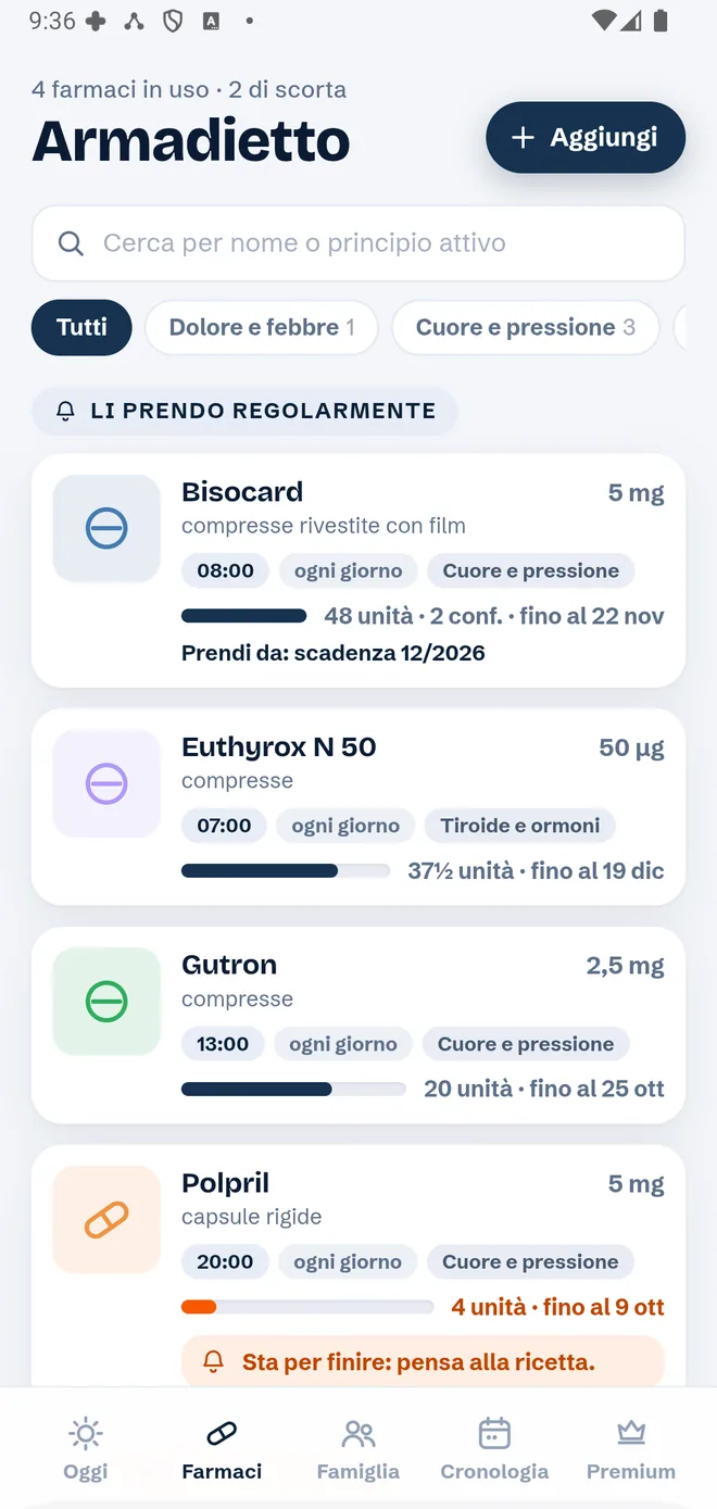 Schermata Armadietto: farmaci con gli orari delle dosi, le categorie e la barra della scorta; accanto a uno, l’avviso «Sta per finire: pensa alla ricetta»