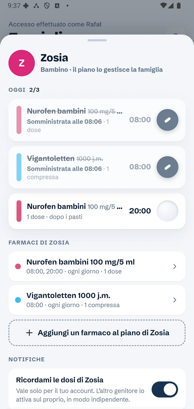 Profilo bambino: dosi di oggi 2 su 3, elenco dei farmaci del bambino e l’interruttore «Ricordami le dosi»