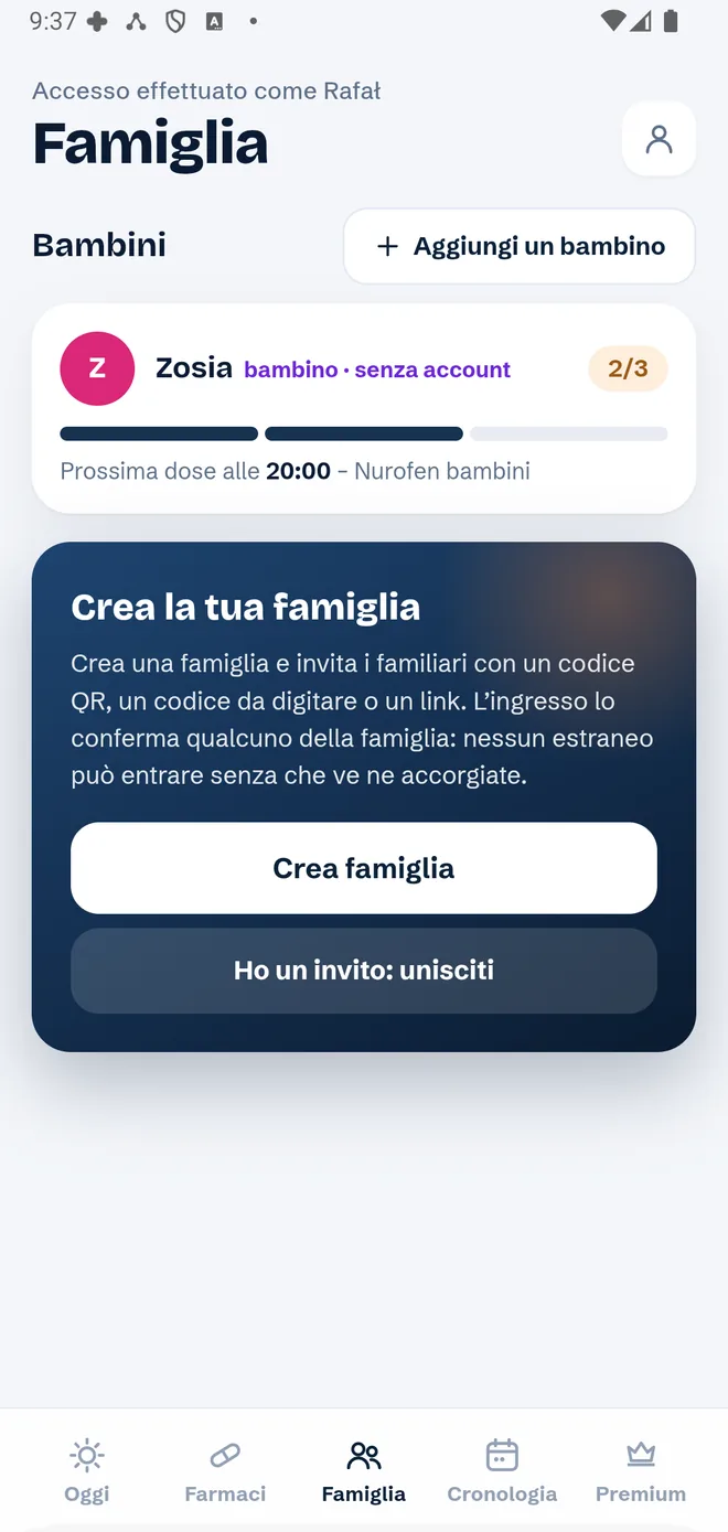 Schermata Famiglia: profilo bambino con l’avanzamento delle dosi 2 su 3 e il riquadro «Crea la tua famiglia» con i pulsanti «Crea famiglia» e «Ho un invito: unisciti»