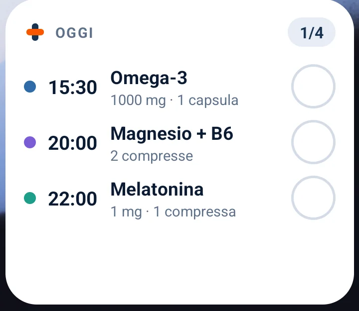 Widget di Cappsula con aspetto chiaro: elenco delle dosi di oggi con gli orari e contatore 1/4