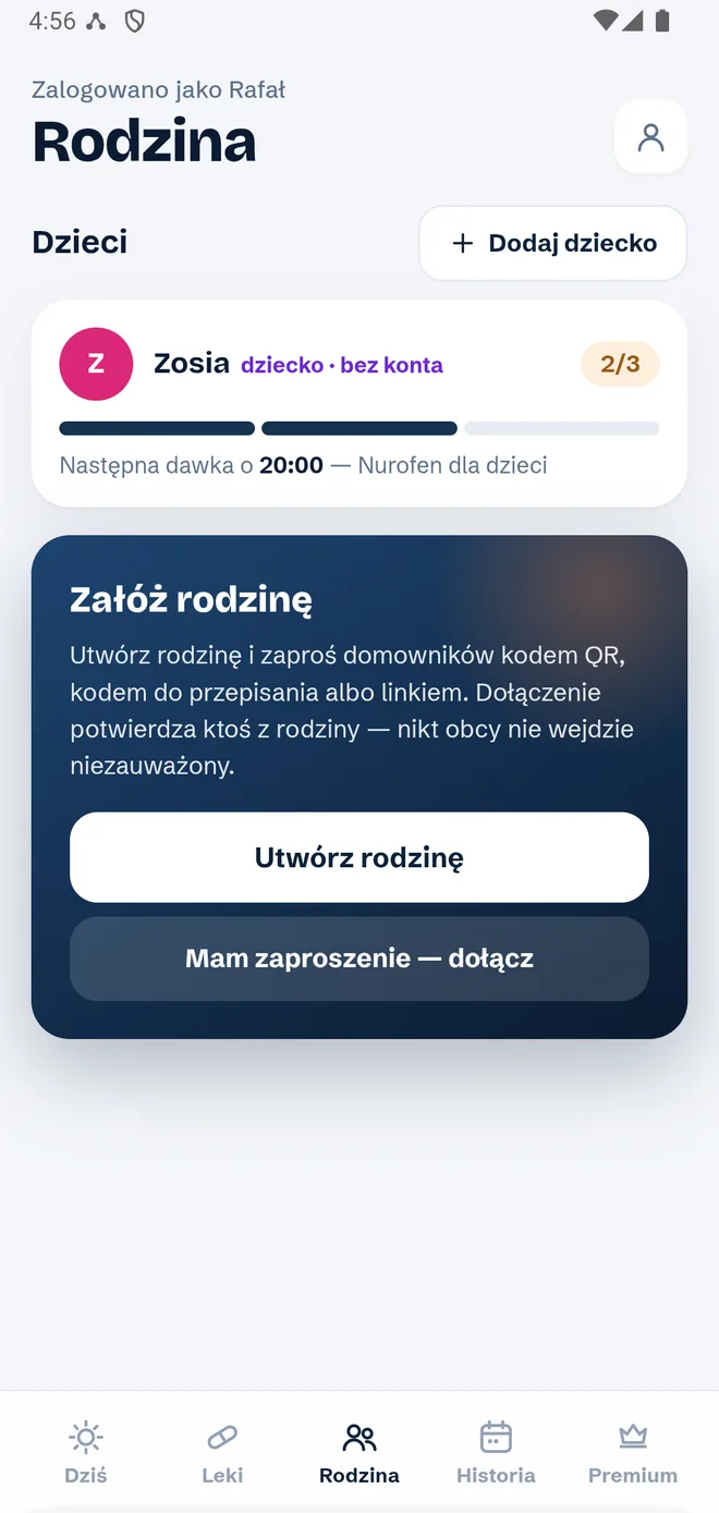 Ekran Rodzina: profil dziecka z postępem dawek 2 z 3 i karta „Załóż rodzinę” z przyciskami „Utwórz rodzinę” i „Mam zaproszenie — dołącz”