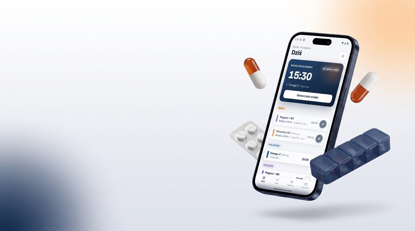 Telefon z ekranem Dziś aplikacji APPteczka, obok kapsułki, blister i organizer na leki