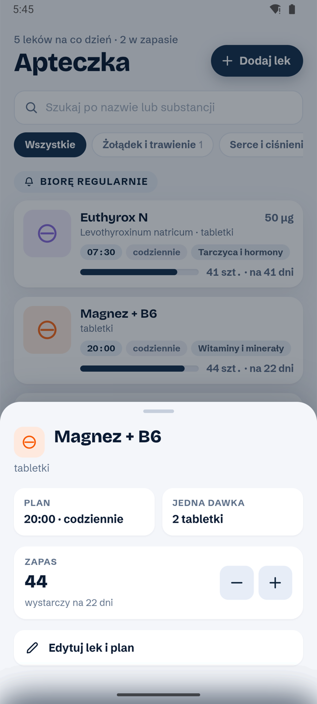 Ekran szczegółów leku: dawkowanie, zapas i ulotka